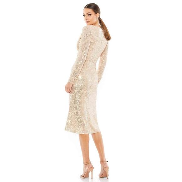 Ieena Mac Duggal 26555 Long Sleeve Sequin Midi Dress Side Slit Rose Gold Size 6 - Picture 3 of 15